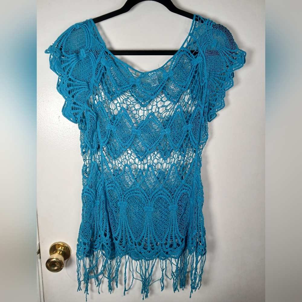 Cato XL Blue Crochet Fringe Tunic Cover-Up 100%‎ Cotton Boho Beachwear